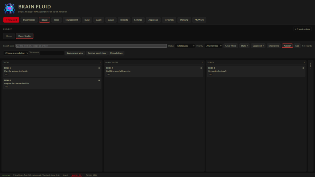 Fictional project cards in TODO, IN-PROGRESS, VERIFY and DONE columns in BRAIN FLUID