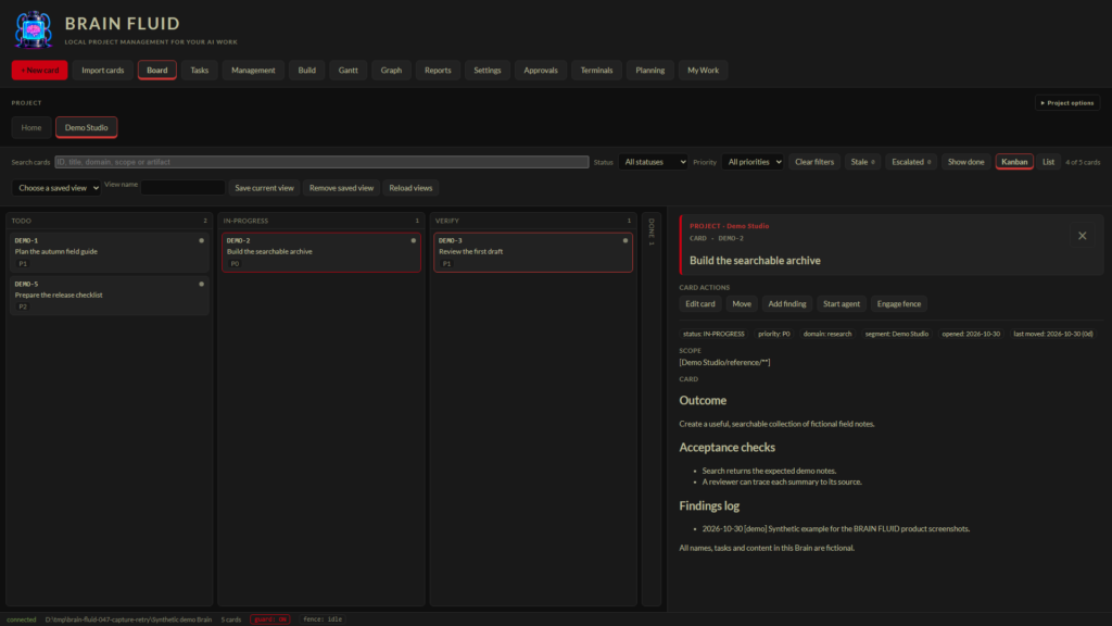 Open BRAIN FLUID card for Build the searchable archive, with outcome, acceptance checks and findings