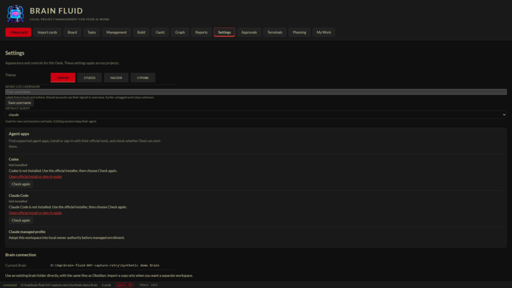 BRAIN FLUID settings with theme choices, agent apps and local Brain connection