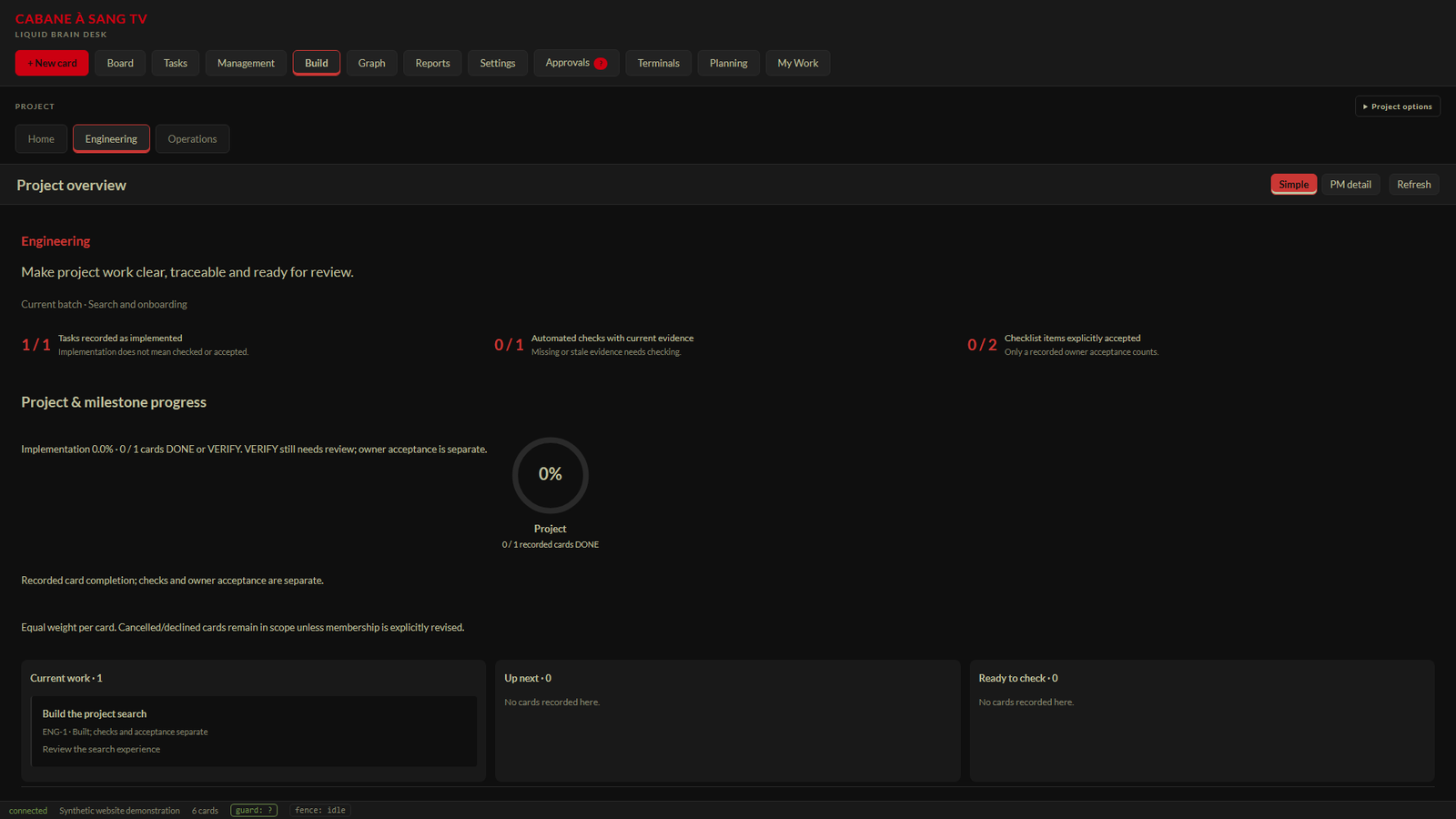Build workspace separating implementation progress from acceptance checks