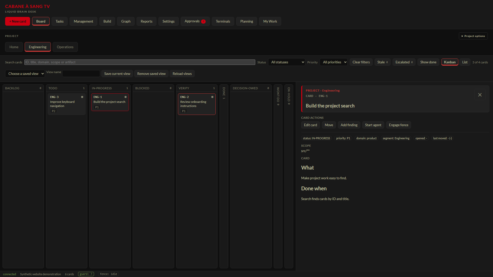 Project card with its description, scope and actions in Liquid Brain Desk