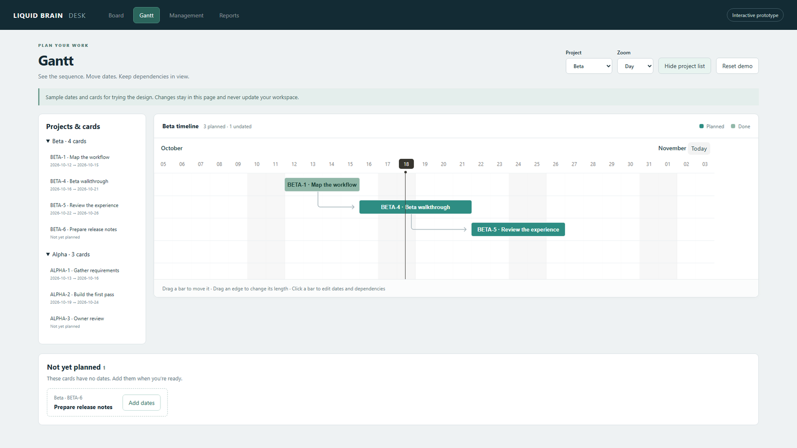 Liquid Brain Gantt prototype with a project navigator beside the timeline