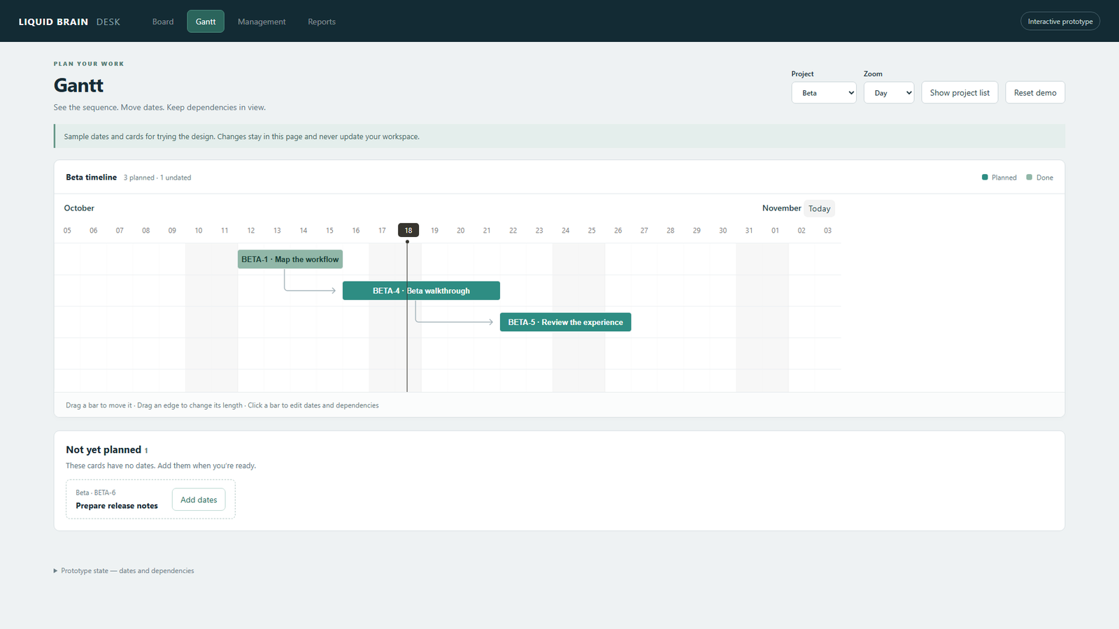 Liquid Brain Gantt prototype with a focused timeline and Show project list control