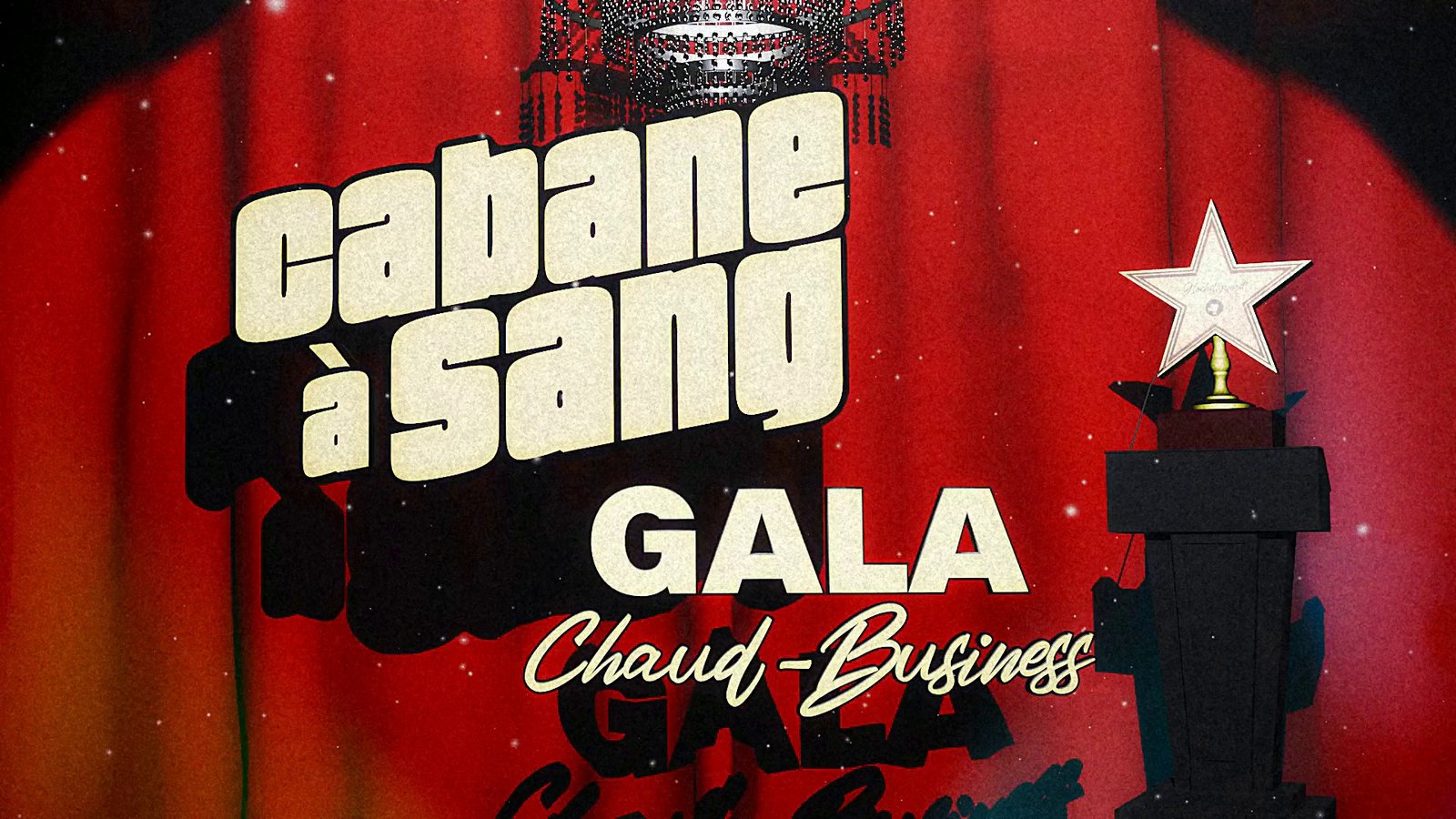 A gala title card over a red curtain with a star trophy. After Super8 Film Lab, heavy grain look: grain at 200 percent, every other switch off.