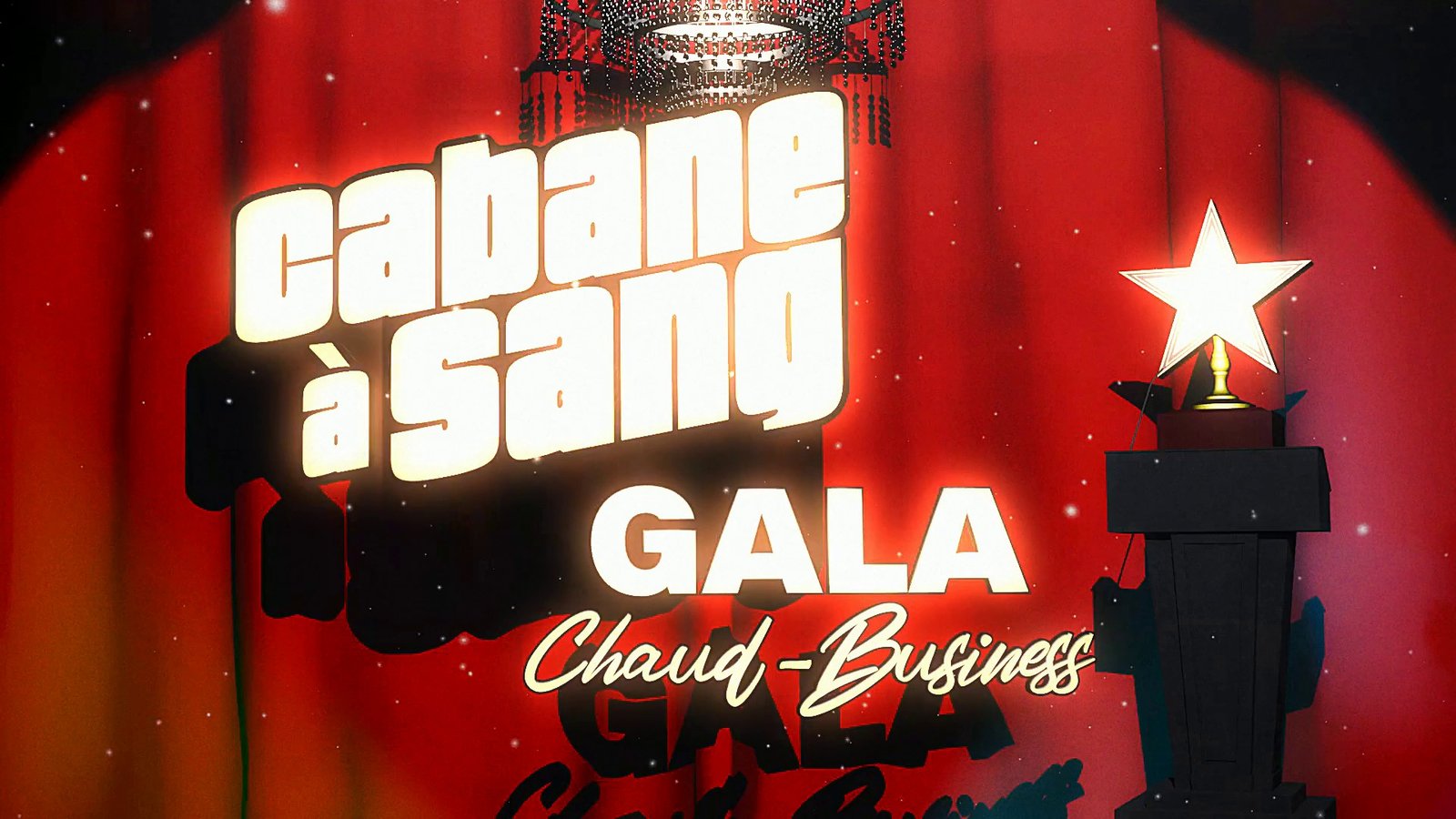A gala title card over a red curtain with a star trophy. After Super8 Film Lab, halation look: halation at 200 percent, bloom low.