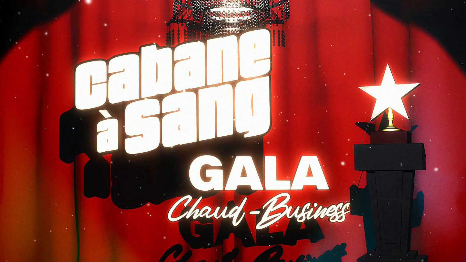 A gala title card over a red curtain with a star trophy. After Super8 Film Lab, glow look: bloom at 180 percent with strong halation.