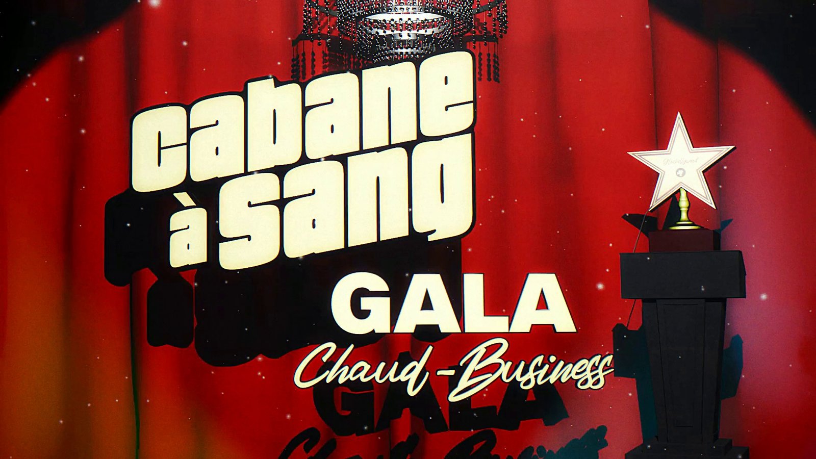 A gala title card over a red curtain with a star trophy. After Super8 Film Lab, chroma drift look: chromatic instability at 200 percent.