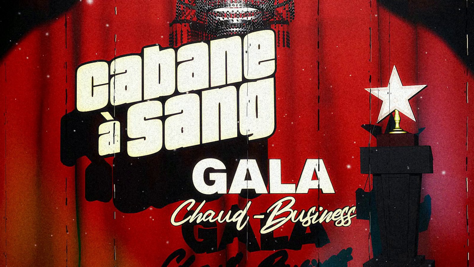 A gala title card over a red curtain with a star trophy. After Super8 Film Lab, scratched look: scratches at 200 percent with flicker and heavy grain.