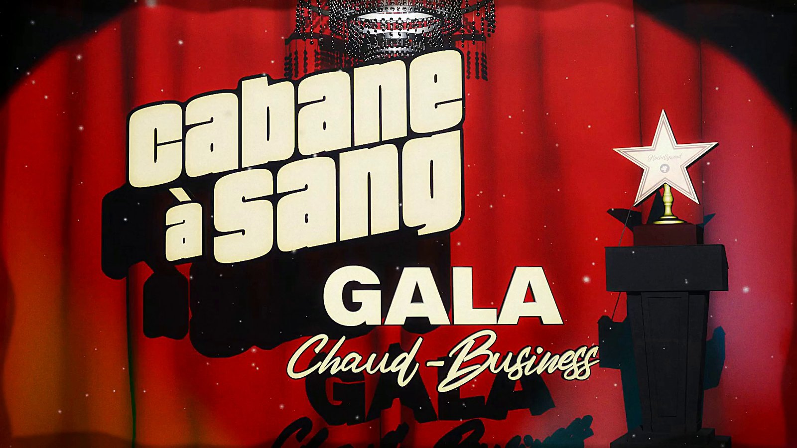 A gala title card over a red curtain with a star trophy. After Super8 Film Lab, dirty gate look: edge dirt and image dirt on their own, as recommended.