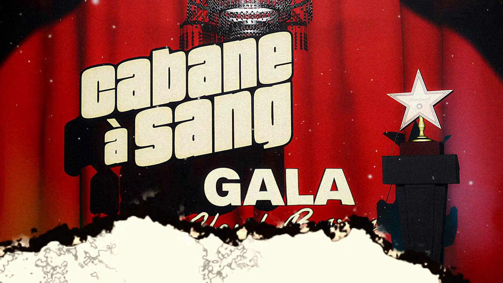 A gala title card over a red curtain with a star trophy. After Super8 Film Lab, burned look: a burn event with tears and flicker.