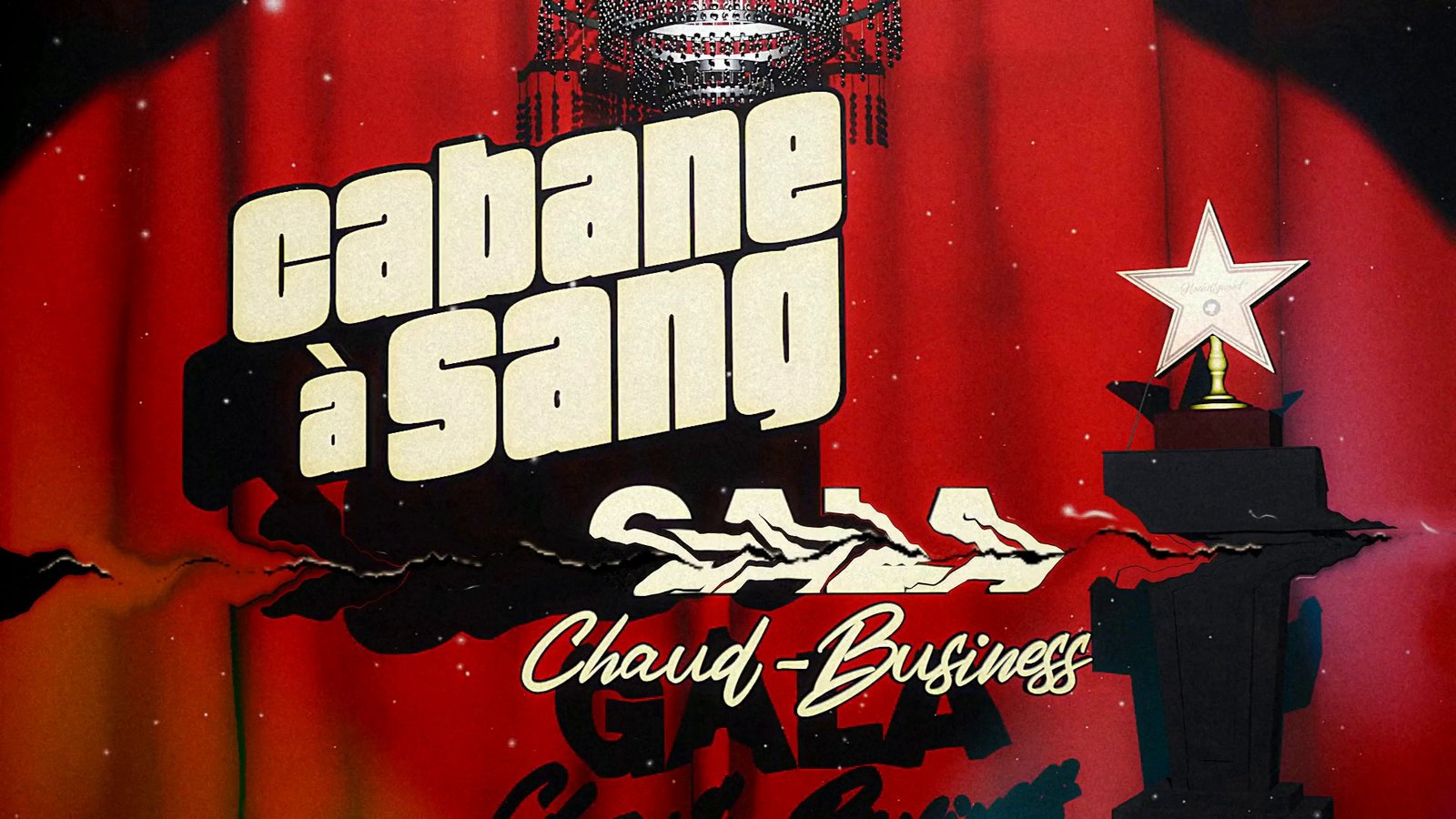 A gala title card over a red curtain with a star trophy. After Super8 Film Lab, torn frame look: a frame tear with gate weave.