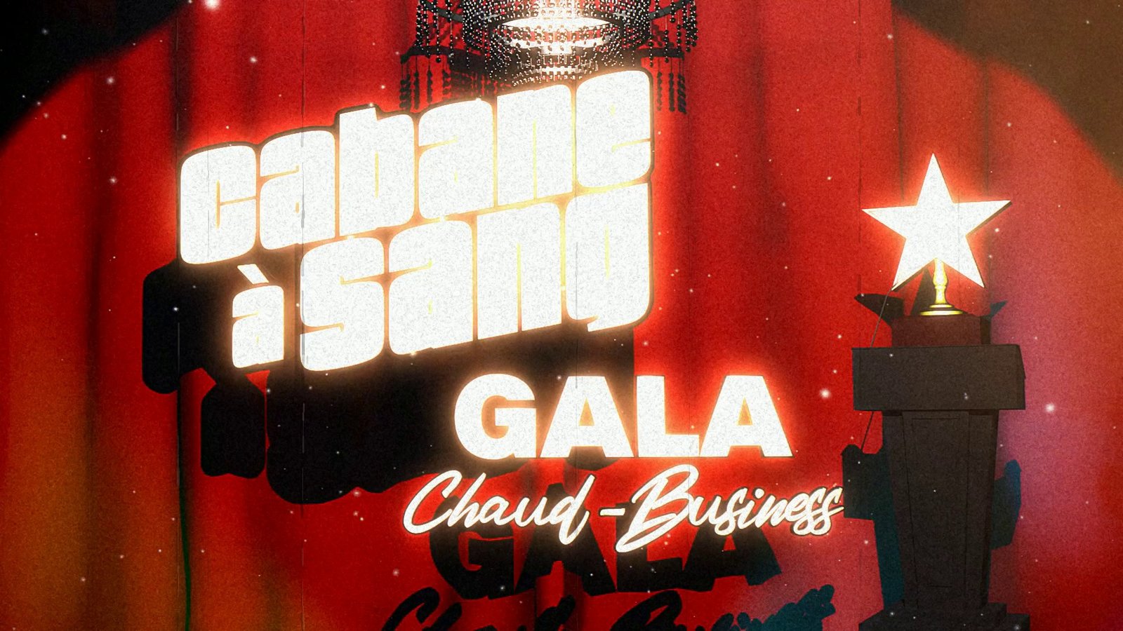 A gala title card over a red curtain with a star trophy. After Super8 Film Lab, full apocalypse look: everything on, with a leak and a scratch run.