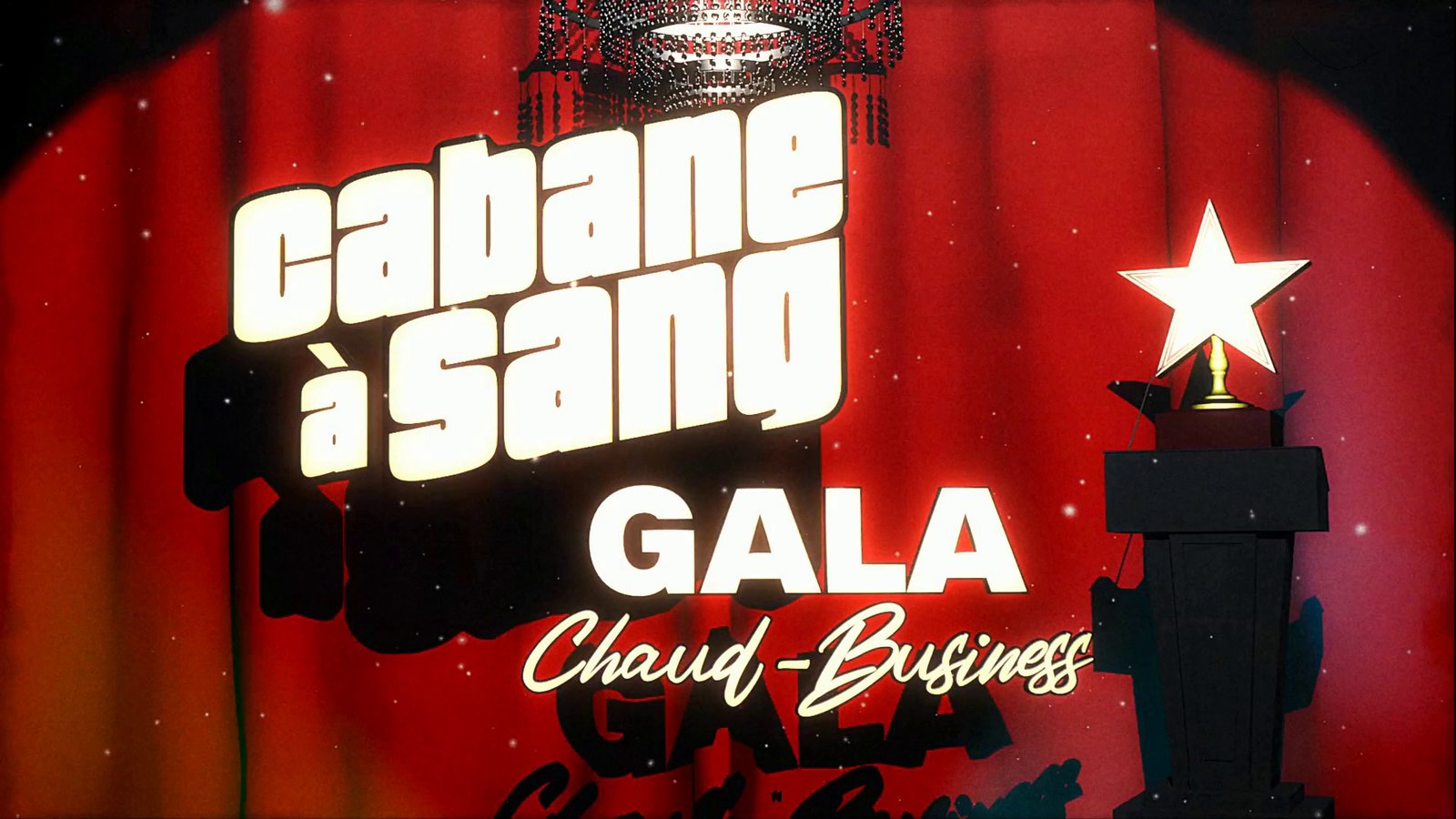 A gala title card over a red curtain with a star trophy. After Super8 Film Lab, grindhouse (v2 engine) look: the retained V2 grindhouse engine.