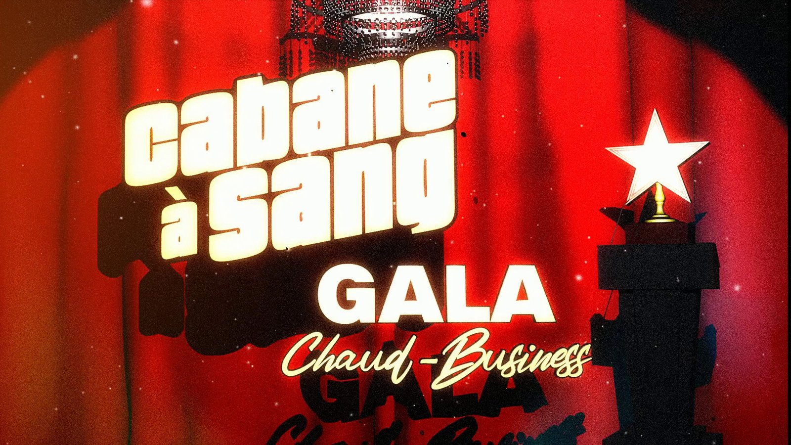 A gala title card over a red curtain with a star trophy. After Super8 Film Lab, grindhouse (v1 engine) look: the original V1 grindhouse engine.