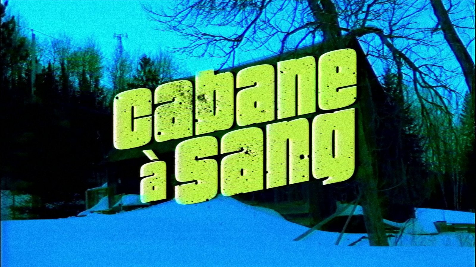 A green title card over a snowy forest. After Super8 Film Lab, heavy grain look: grain at 200 percent, every other switch off.