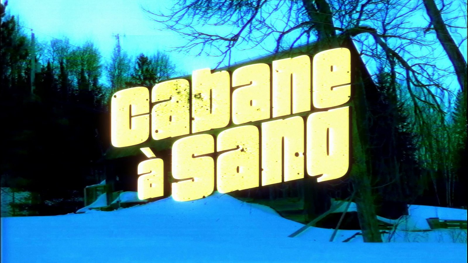 A green title card over a snowy forest. After Super8 Film Lab, glow look: bloom at 180 percent with strong halation.