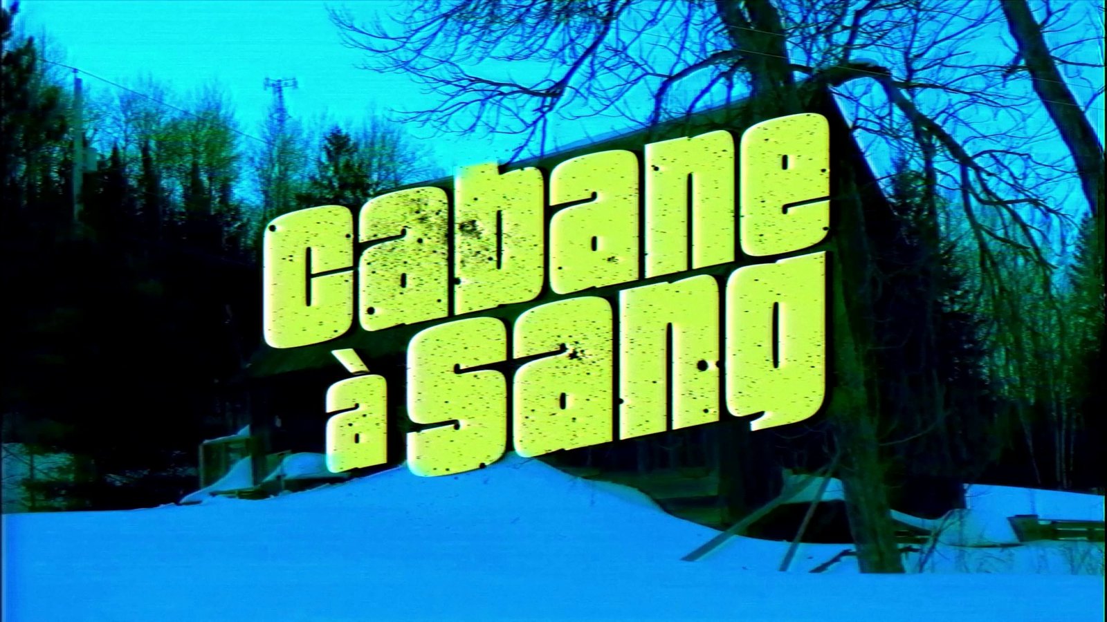 A green title card over a snowy forest. After Super8 Film Lab, chroma drift look: chromatic instability at 200 percent.