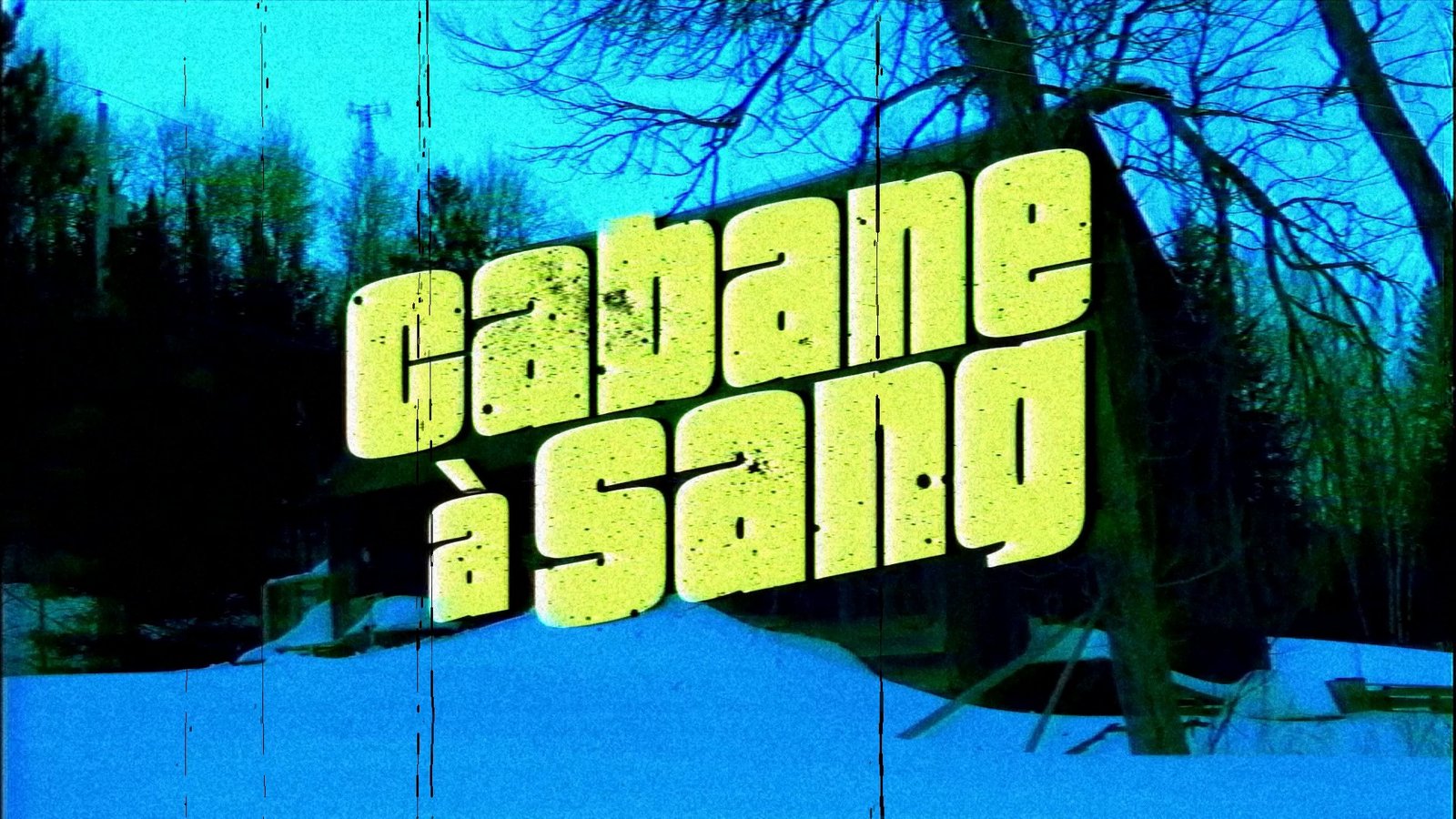 A green title card over a snowy forest. After Super8 Film Lab, scratched look: scratches at 200 percent with flicker and heavy grain.