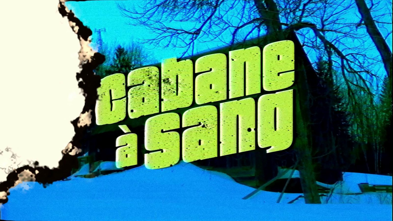 A green title card over a snowy forest. After Super8 Film Lab, burned look: a burn event with tears and flicker.