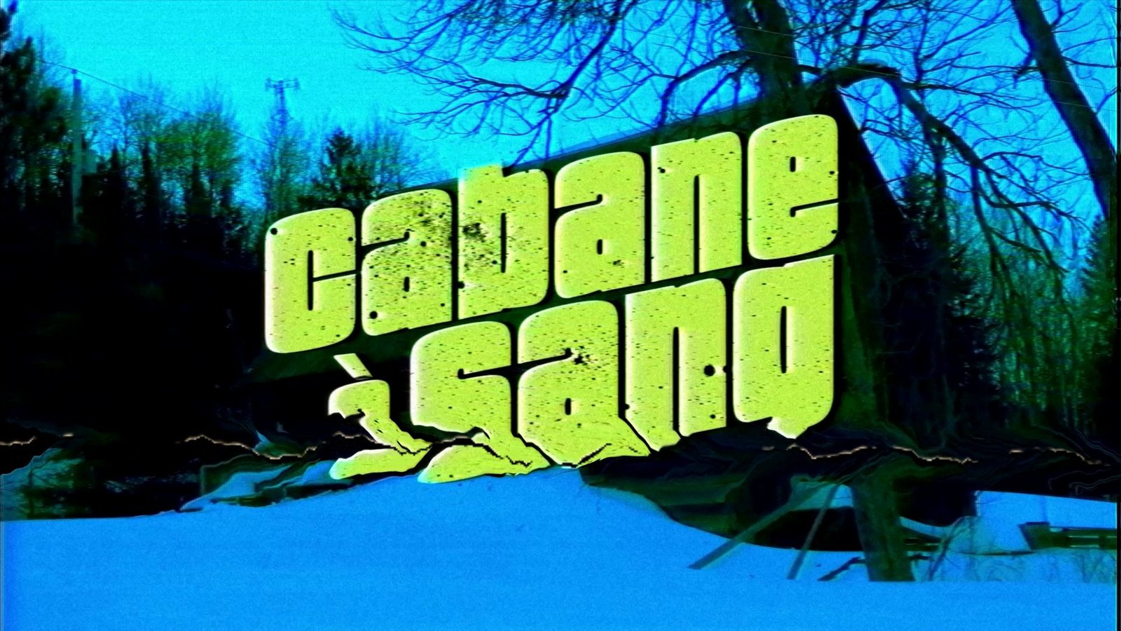 A green title card over a snowy forest. After Super8 Film Lab, torn frame look: a frame tear with gate weave.
