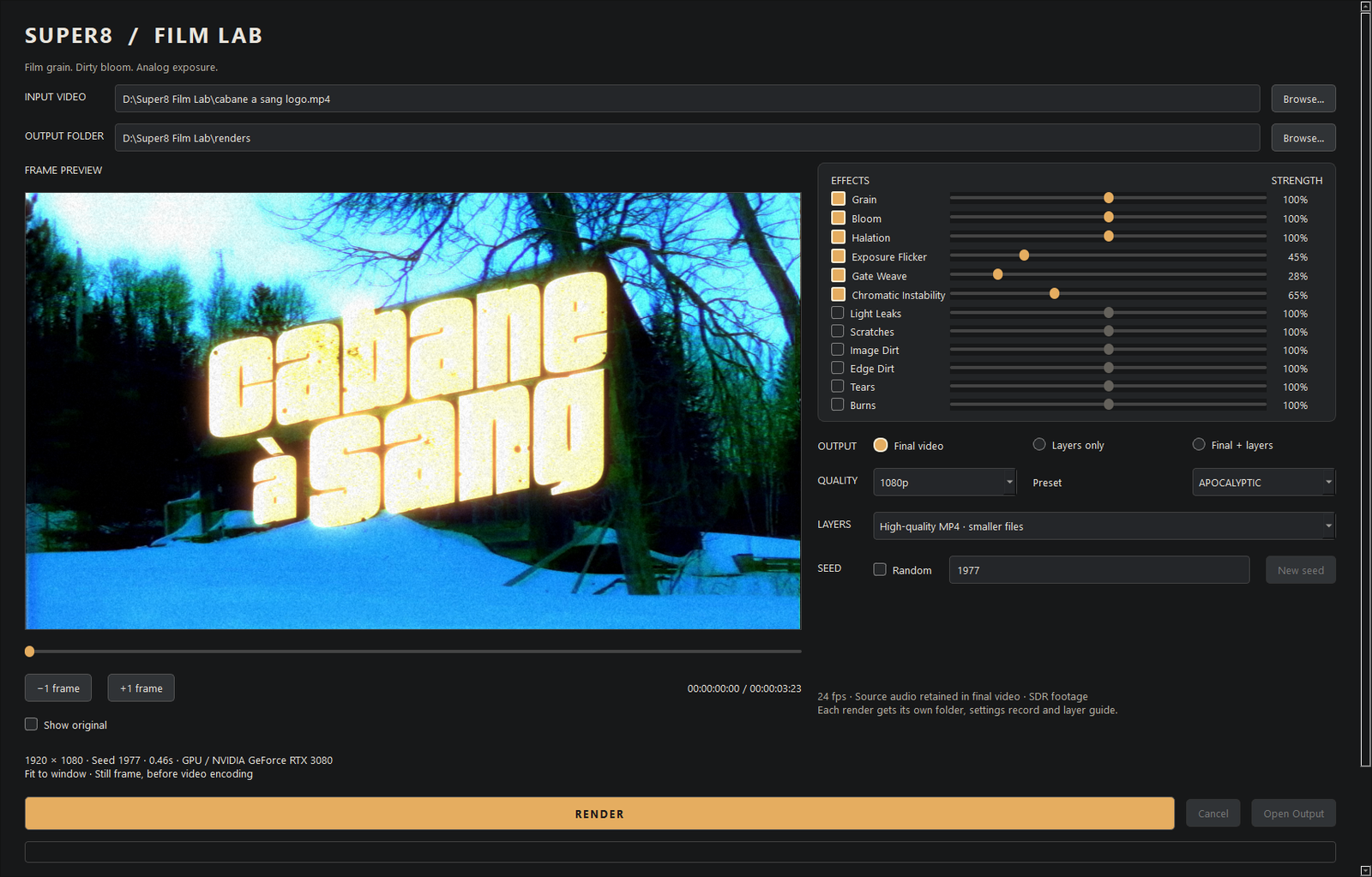 Super8 Film Lab window: a title card glowing in the preview, effect switches and strength sliders, output and preset controls.