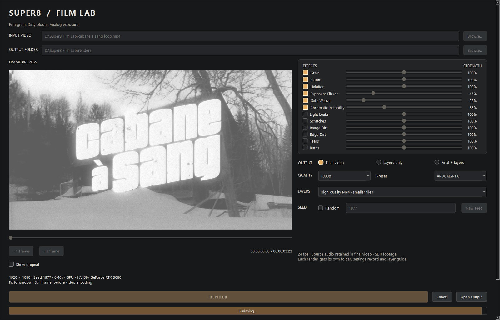 Super8 Film Lab window during a render, progress bar partway, controls disabled.